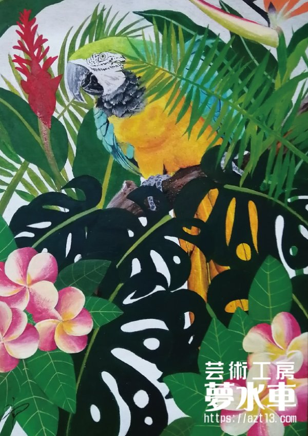 画像1: 水野祐介 絵画 A4サイズ複製「インコ」 (1)